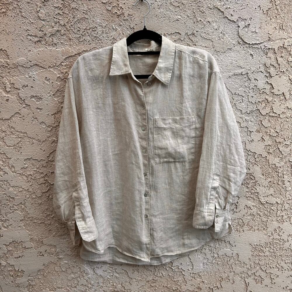 Oysho 100% Linen Button Front Oversized Shirt Beige Size M